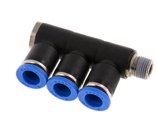 8mm x R1/8'' 3-way Manifold Push-in Fitting with Male Threads Brass/PA 66 NBR Rotatable