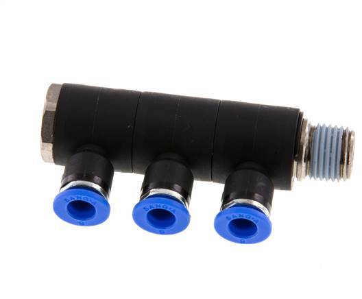 6mm x R1/4'' 3-way Manifold Push-in Fitting with Male Threads Brass/PA 66 NBR Rotatable