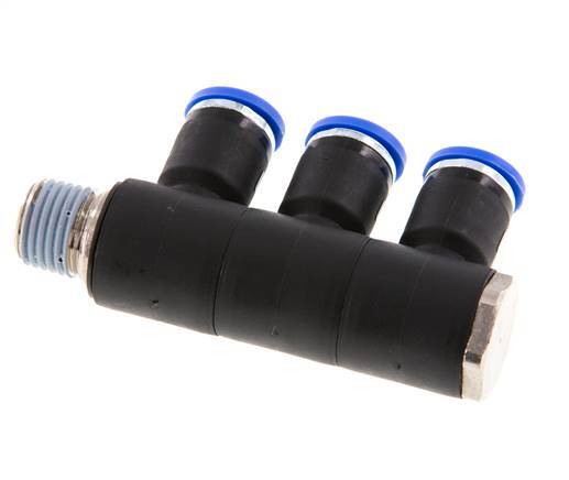 8mm x R1/4'' 3-way Manifold Push-in Fitting with Male Threads Brass/PA 66 NBR Rotatable
