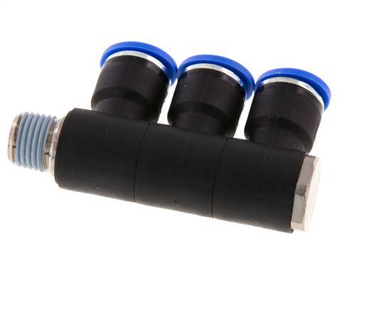 10mm x R1/4'' 3-way Manifold Push-in Fitting with Male Threads Brass/PA 66 NBR Rotatable