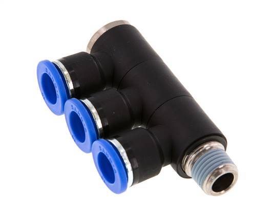 10mm x R1/4'' 3-way Manifold Push-in Fitting with Male Threads Brass/PA 66 NBR Rotatable