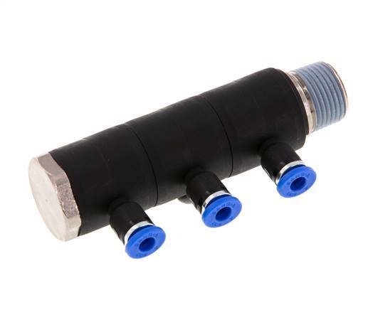 4mm x R3/8'' 3-way Manifold Push-in Fitting with Male Threads Brass/PA 66 NBR Rotatable
