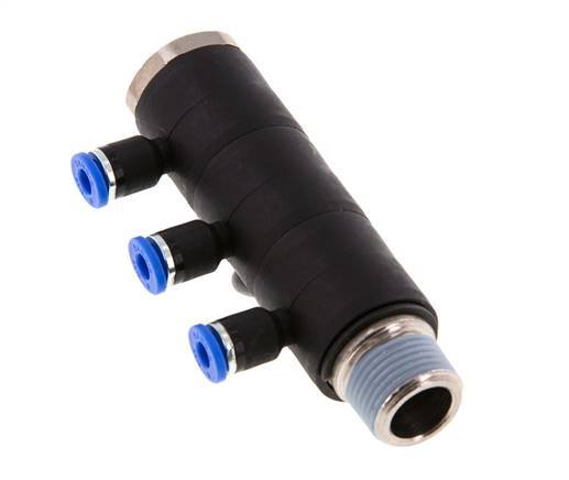 4mm x R3/8'' 3-way Manifold Push-in Fitting with Male Threads Brass/PA 66 NBR Rotatable