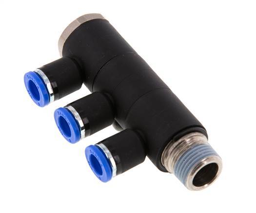 8mm x R3/8'' 3-way Manifold Push-in Fitting with Male Threads Brass/PA 66 NBR Rotatable
