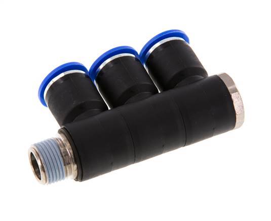 12mm x R3/8'' 3-way Manifold Push-in Fitting with Male Threads Brass/PA 66 NBR Rotatable