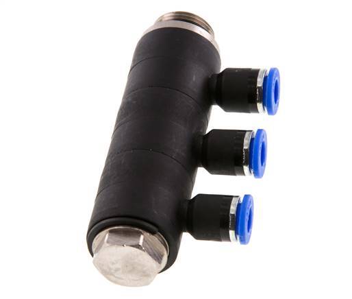 6mm x G3/8'' 3-way Manifold Push-in Fitting with Male Threads Brass/PA 66 NBR Rotatable