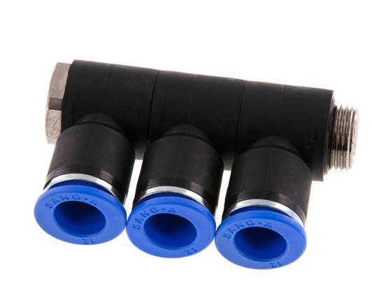 12mm x G3/8'' 3-way Manifold Push-in Fitting with Male Threads Brass/PA 66 NBR Rotatable