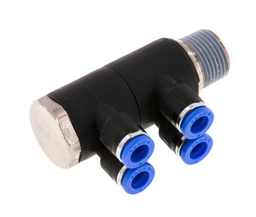 6mm x R3/8'' 4-way Manifold Push-in Fitting with Male Threads Brass/PA 66 NBR Rotatable