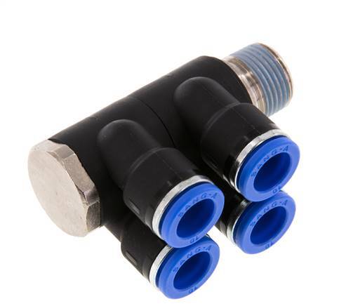 10mm x R3/8'' 4-way Manifold Push-in Fitting with Male Threads Brass/PA 66 NBR Rotatable