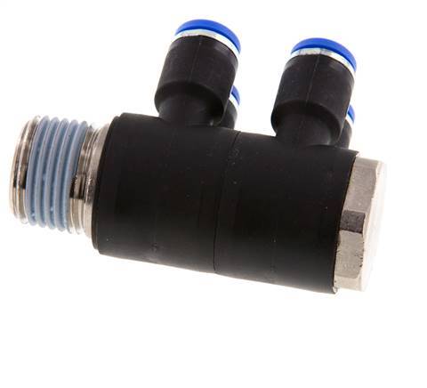 8mm x R1/2'' 4-way Manifold Push-in Fitting with Male Threads Brass/PA 66 NBR Rotatable