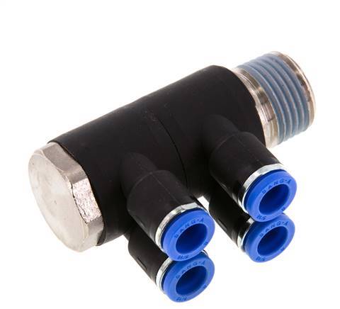 8mm x R1/2'' 4-way Manifold Push-in Fitting with Male Threads Brass/PA 66 NBR Rotatable
