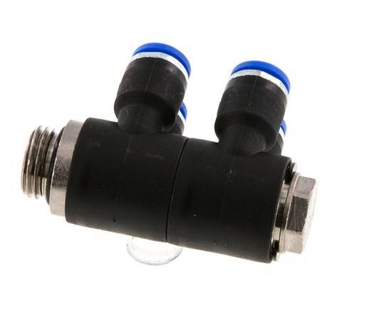 6mm x G1/4'' 4-way Manifold Push-in Fitting with Male Threads Brass/PA 66 NBR Rotatable