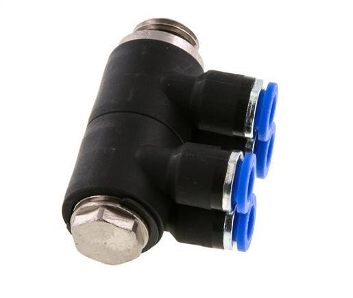 6mm x G1/4'' 4-way Manifold Push-in Fitting with Male Threads Brass/PA 66 NBR Rotatable