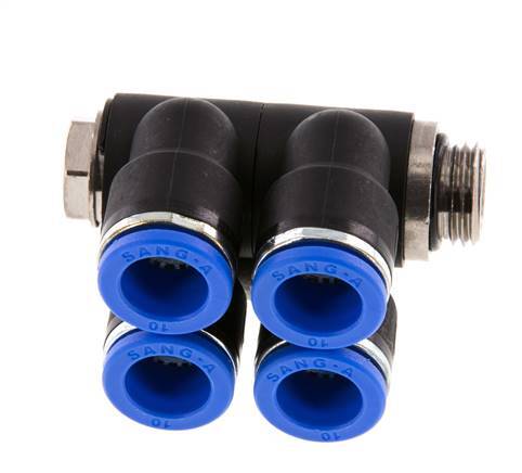 10mm x G1/4'' 4-way Manifold Push-in Fitting with Male Threads Brass/PA 66 NBR Rotatable