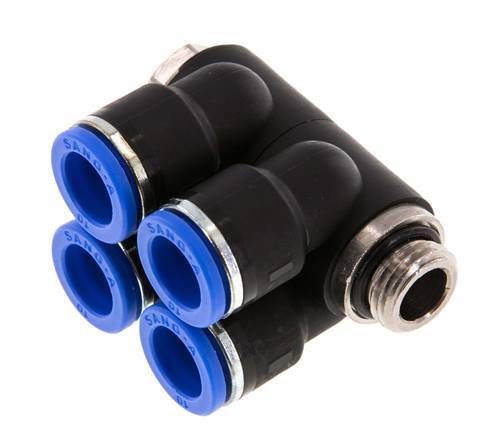 10mm x G1/4'' 4-way Manifold Push-in Fitting with Male Threads Brass/PA 66 NBR Rotatable