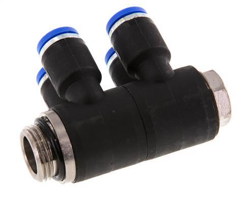 8mm x G3/8'' 4-way Manifold Push-in Fitting with Male Threads Brass/PA 66 NBR Rotatable