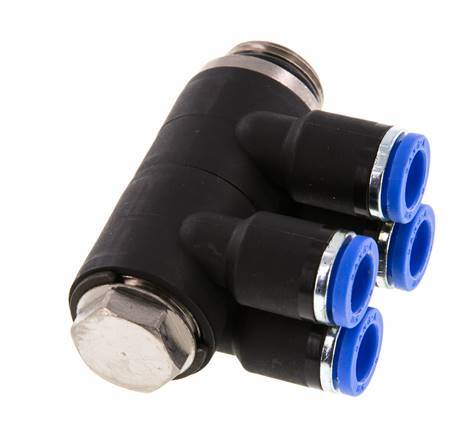 8mm x G3/8'' 4-way Manifold Push-in Fitting with Male Threads Brass/PA 66 NBR Rotatable