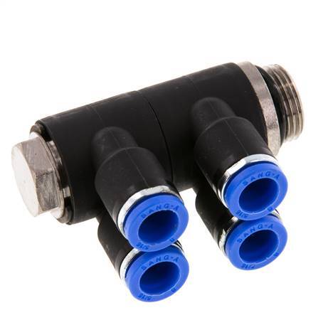 8mm x G3/8'' 4-way Manifold Push-in Fitting with Male Threads Brass/PA 66 NBR Rotatable