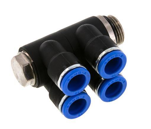 10mm x G3/8'' 4-way Manifold Push-in Fitting with Male Threads Brass/PA 66 NBR Rotatable