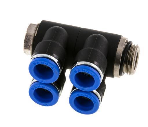 10mm x G3/8'' 4-way Manifold Push-in Fitting with Male Threads Brass/PA 66 NBR Rotatable