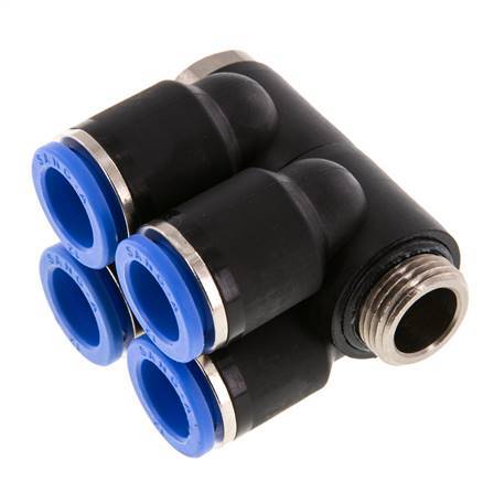 12mm x G3/8'' 4-way Manifold Push-in Fitting with Male Threads Brass/PA 66 NBR Rotatable