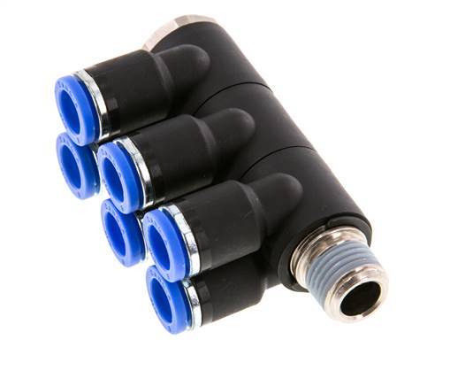 8mm x R1/4'' 6-way Manifold Push-in Fitting with Male Threads Brass/PA 66 NBR Rotatable