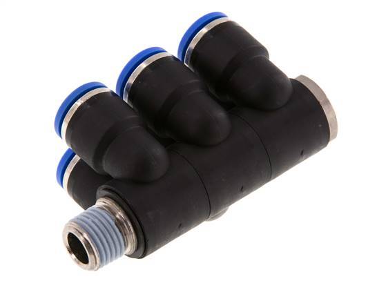 10mm x R1/4'' 6-way Manifold Push-in Fitting with Male Threads Brass/PA 66 NBR Rotatable