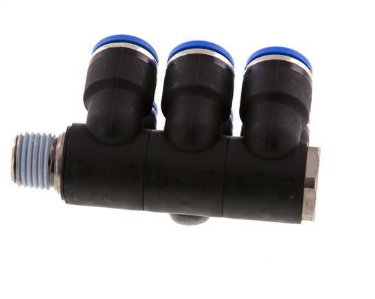 10mm x R1/4'' 6-way Manifold Push-in Fitting with Male Threads Brass/PA 66 NBR Rotatable