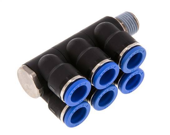 10mm x R1/4'' 6-way Manifold Push-in Fitting with Male Threads Brass/PA 66 NBR Rotatable