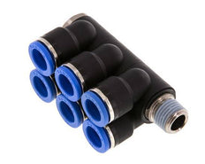 10mm x R1/4'' 6-way Manifold Push-in Fitting with Male Threads Brass/PA 66 NBR Rotatable