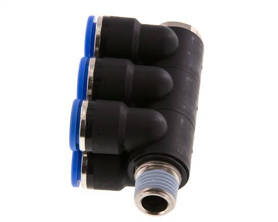 10mm x R1/4'' 6-way Manifold Push-in Fitting with Male Threads Brass/PA 66 NBR Rotatable