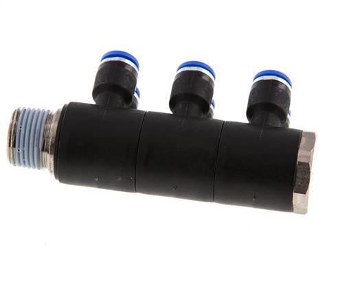 6mm x R3/8'' 6-way Manifold Push-in Fitting with Male Threads Brass/PA 66 NBR Rotatable