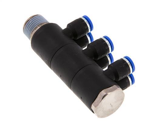 6mm x R3/8'' 6-way Manifold Push-in Fitting with Male Threads Brass/PA 66 NBR Rotatable