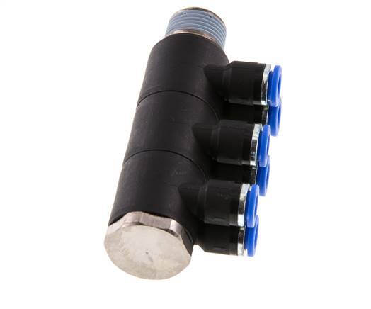 6mm x R3/8'' 6-way Manifold Push-in Fitting with Male Threads Brass/PA 66 NBR Rotatable