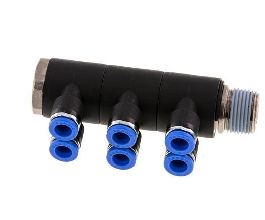 6mm x R3/8'' 6-way Manifold Push-in Fitting with Male Threads Brass/PA 66 NBR Rotatable