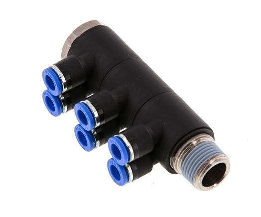 6mm x R3/8'' 6-way Manifold Push-in Fitting with Male Threads Brass/PA 66 NBR Rotatable