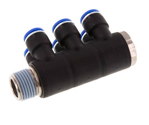 10mm x R1/2'' 6-way Manifold Push-in Fitting with Male Threads Brass/PA 66 NBR Rotatable