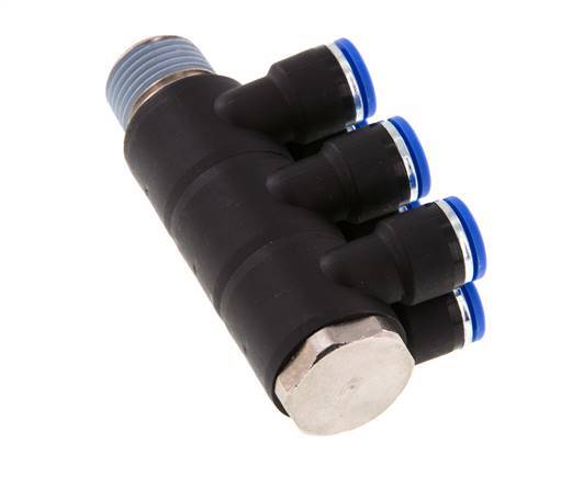 10mm x R1/2'' 6-way Manifold Push-in Fitting with Male Threads Brass/PA 66 NBR Rotatable