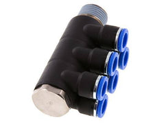 10mm x R1/2'' 6-way Manifold Push-in Fitting with Male Threads Brass/PA 66 NBR Rotatable