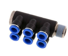 10mm x R1/2'' 6-way Manifold Push-in Fitting with Male Threads Brass/PA 66 NBR Rotatable