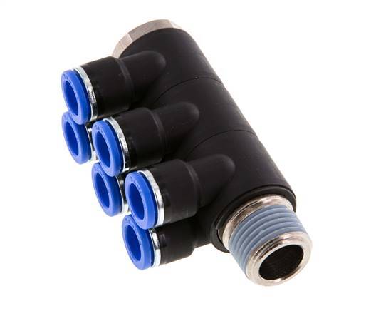 10mm x R1/2'' 6-way Manifold Push-in Fitting with Male Threads Brass/PA 66 NBR Rotatable