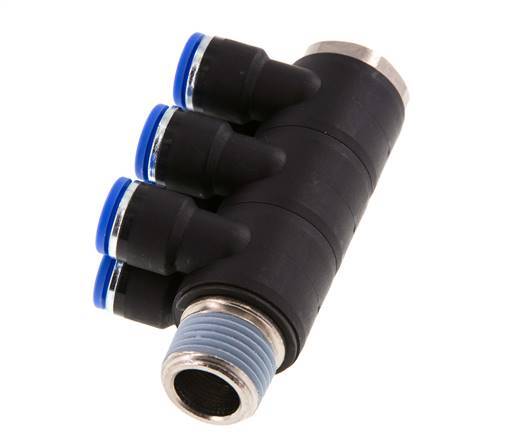 10mm x R1/2'' 6-way Manifold Push-in Fitting with Male Threads Brass/PA 66 NBR Rotatable