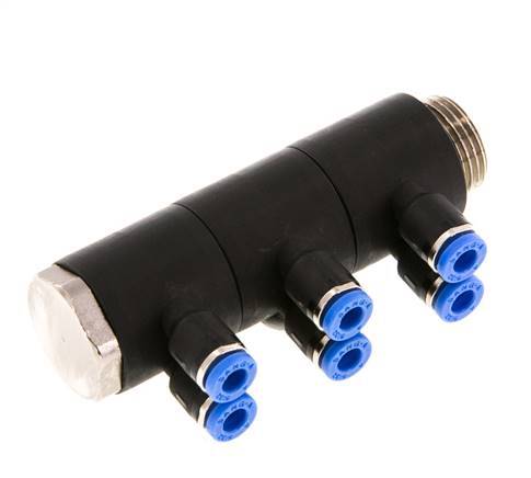 4mm x G3/8'' 6-way Manifold Push-in Fitting with Male Threads Brass/PA 66 NBR Rotatable