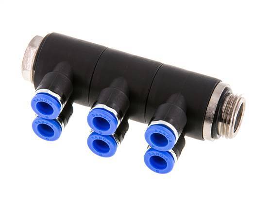 6mm x G3/8'' 6-way Manifold Push-in Fitting with Male Threads Brass/PA 66 NBR Rotatable