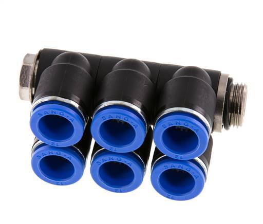 12mm x G3/8'' 6-way Manifold Push-in Fitting with Male Threads Brass/PA 66 NBR Rotatable