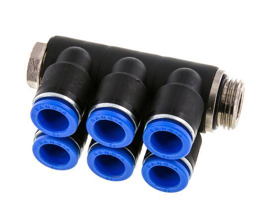 12mm x G1/2'' 6-way Manifold Push-in Fitting with Male Threads Brass/PA 66 NBR Rotatable