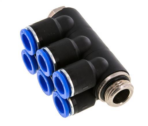 12mm x G1/2'' 6-way Manifold Push-in Fitting with Male Threads Brass/PA 66 NBR Rotatable