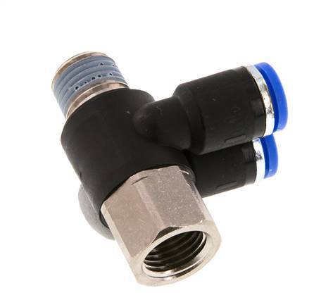 8mm x R1/4'' Double 90deg Elbow Push-in Fitting with Male-Female Threads Brass/PA 66 NBR Rotatable