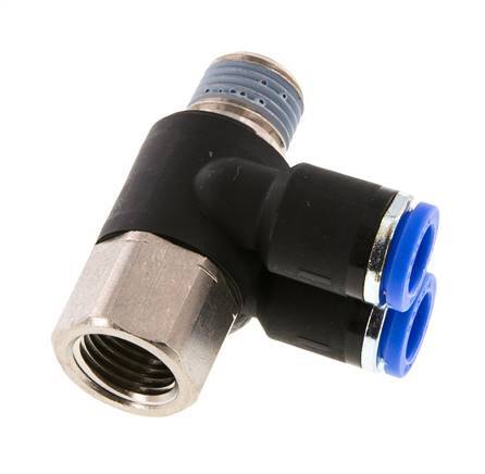 8mm x R1/4'' Double 90deg Elbow Push-in Fitting with Male-Female Threads Brass/PA 66 NBR Rotatable