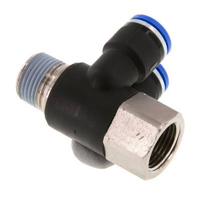 10mm x R3/8'' Double 90deg Elbow Push-in Fitting with Male-Female Threads Brass/PA 66 NBR Rotatable